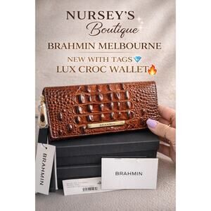 Brahmin Melbourne Ady Wallet Cognac Croc Embossed Leather Brown NWT